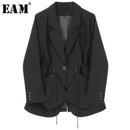 [EAM] Women Black Drawstring Temperament Blazer Lapel Long Sleeve Loose Fit Jacket Fashion Spring Autumn 1H792 211006