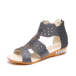 Summer Side Hollow Flat Heel Fish Mouth Rhinestone Bag Low Top Fashion Large Women's Sandals