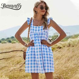Square Collar Ruffle Sleeveless Plaid Mini Dresses Women Backless High Waist Holiday Style Beach Casual Summer Dress 210510