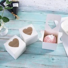 Single Cupcake Cake Box with Clear Heart Shape Window White Cardboard Small Gift Boxes Christmas Wedding Favor Candy Package Boxes