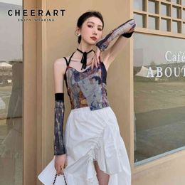 Y2k Halter Top Summer Women Fashion Klimt Aesthetic Mesh Cami Croptop Print Bustiers Corsets Trendy 210427