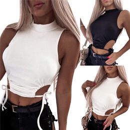 hirigin Waist Hollow Out Lace-up Tank Vest Sexy Women Tube Tops Cropped 2021 SleevelTurtleneck Bodycon Causal Solid Camis X0507