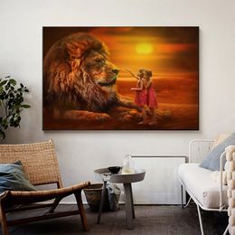 Modern Large Size Lion And Girl Painting Wall Art Canvas Print Animal Pictures For Living Room Bedroom Decoration No Frame