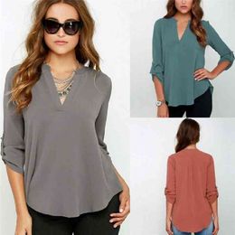 Women Blouse Summer Women Long Sleeved Pleated Chiffon Shirt Casual Loose V Neck Blouse Large Size S-5XL Women Top K2351 210323