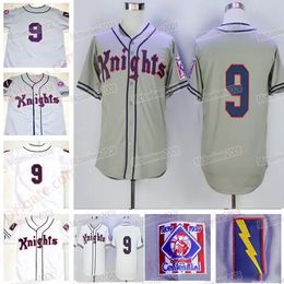 Mens New York Knights Jersey #9 Roy Hobbs Grey White The Natural Movie Bernard Malamud Stitched The film 1839-1939 Centennial Baseball Jerseys 4XL