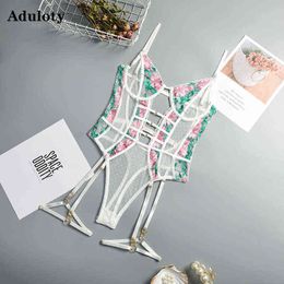 NXY sexy set Lace Harness Bodysuit Embroidery Flower's Mesh Gauze Perspective Women's Underwear Erotic Lingerie Underwire Gather Bra Garter 1127