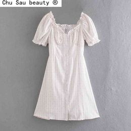 Selling French Fashion Red Floral Puff Sleeve Short A-line White Dress Single Breasted Summer Vintage Chic 210508