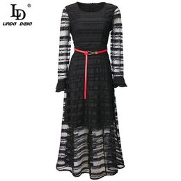 Fashion Runway Summer Dress Women O-Neck Perspective Flared sleeve Belt Letter Embroidery Black Mesh Long 210522