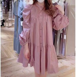 Spring Japanese Sweet Long Puff Sleeve Women Vestidos Solid O-neck Pleated Femme Robe Loose Knee-Length Cotton Dresses 82649 210514