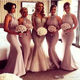 Blush Pink Mermaid Bridesmaid Dress Beads Sequins Halter Evening Wear 2022 Country Maid Of Honour Dresses Low Back Sexy Prom Party Gowns BM0201