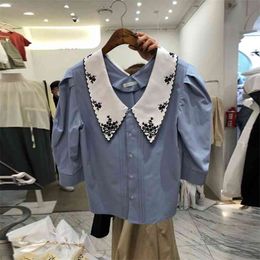 Spring Summer Women's Shirt Tops Embroidery Peter Pan Collar Female Sweet Puff Sleeve Short Women Blouses GD395 210506