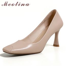 Meotina Genuine Leather Women Pumps High Heel Square Toe Shoes Shallow Stiletto Heels Shoes Party Footwear Female Apricot 33-40 210520