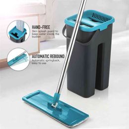 Floor Mop Bucket Hand Free Household Automatic Flat Kitchen Home Wooden Cleaning Microfiber Pads 210805