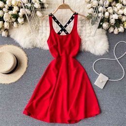 Summer Sexy Vestidos Female V-neck Cross Halter Waist Slim Suspender Skirt Red Strap Mini Dress C559 210506