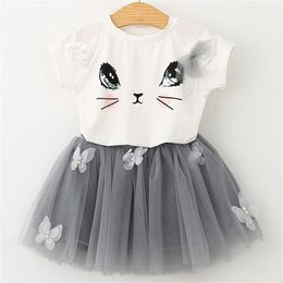 Summer Girls' Clothing Sets Cute Big Eyes Princess Girl Animal T-Shirt +Gauze Skirt 2PCS Kids Clothes Set Children 210625