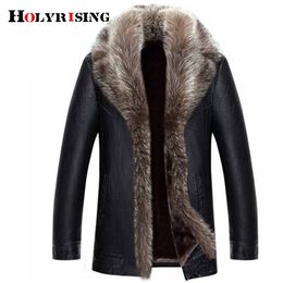 Holyrising Real Raccoon Fur Collar Men Faux Leather Jackets Winter Thicken Coat jaqueta de couro chaqueta Men PU Leather 18536-5 211111