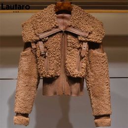 Lautaro Winter Warm Thick Patchwork Faux Fur Coat Women Long Sleeve zipper Turndown Collar Stylish Fluffy Jacket Fashion 211130