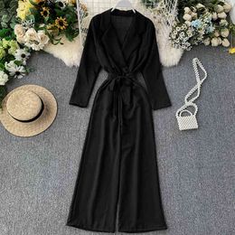 Autumn Elegant Women Notched Collar Sashes Jumpsuits Casual Loose Long Sleeve Empire Slim Solid 210423