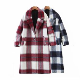 Casual Woman Oversized Plaid Woollen Coat Fashion Ladies Autumn Single Breasted Long Jacket Female Warm Loose Outerwear 210515