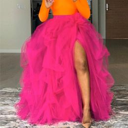 Skirts 2021 Pink Tulle Tutu Long Skirt For Women Puffy High Split Prom Ball Gown Floor Length Ruffled Plus Size