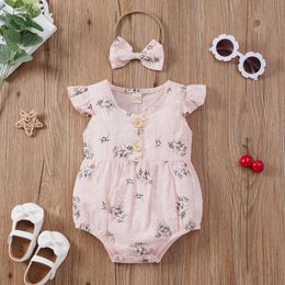 Rompers Summer Baby Girls Ruffles Lovely Infant Kids Floral Cotton Casual Fleeve Jumpsuit+Headband Playsuits 2pcs Outwear