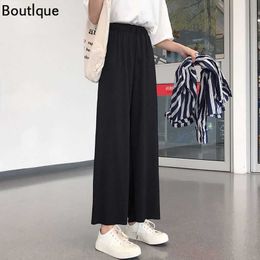 Nine Point Wide Leg Pants Korean Loose and Breathable Sports Pants Black Elastic Waist Slim Spring and Summer Casual Pants Q0801