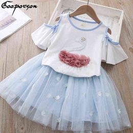 Summer Clothes Fashion Girls Outfits Pearl Swan Embroidery Off The Shoulder T Shirt&mesh Skirt Cute Little Girls Clothing Set G220310