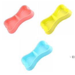 NEWCute Bone Shape Pet Dog Cat Puppy Food Travel Feeding Feeder Dogs Water Dish Double Bowl Supplies Plastic Colorful sea way RRA10259