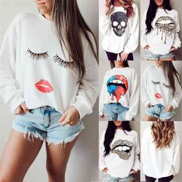 Lips Print Sweatshirts Women Fashion Round Neck Long Sleeve Sweatshirt Pullover Ladies White Casual Loose Top Hoodies 210517