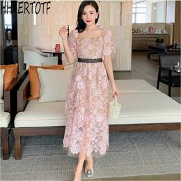 Summer rose Hollow Out Pink Lace Dres short Sleeve square Neck Slim Waist Dresses 210531