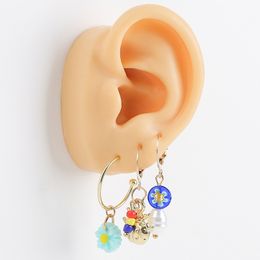 3 Pcs/Set Fashion Resin Flower White Pearl Blue Glazed Glass Gold Colour Metal Insect Drop Earrings For Women Girls Jewellery Gift