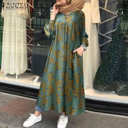 Vestido muçulmano kaftan robe vestido de verão zanzea feminino manga longa floral impresso maxi vestido outono vintage listrado solto vestidos femme