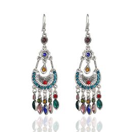 Creative Vintage Personality Chinese Style Dangle Earring Jewelry Crescent Moon Full Diamond Tassel Earrings