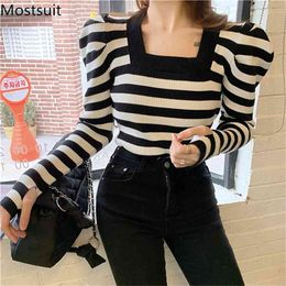 Striped Square Collar Knitted Sweater Pullover Women Puff Sleeve Slim Korean Fashion Jumpers Tops Femme 210513