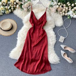 Neploe French Style Women Dresses 2021 Summer New Fashion Sexy Solid V Neck Sleeveless Slim Wasit Dress Elegant Vestidos 82108 Y0823