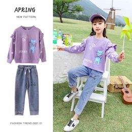 Spring Toddler Outfits Girl Cute Cat Sweatshirts and Jeans Trousers Ruffle Sleeve Tops Teen Girls Clothing 12 14 Years 210622