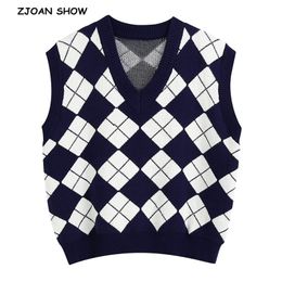 90s Blue white Argyle Plaid Knitted Sweater Vest Preppy Style Korean Clothing Cool Girl V Neck Sleeveless Jumper Y2K Knitwear 210429