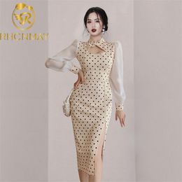 Spring Hit Clothe for Women Patchwork Long Sleeve Split Wrap Bodycon Sexy Polka Dot Dresses Ladies 210506