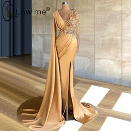 Long Sleeve Arabic Prom Dresses Sheer O-neck 3D Floral Lace Champagne Gold Sexy Slit African Occasion Evening Dress robes