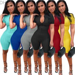 2022 Summer Women Yoga Jumpsuits Short Sleeve Zipper Casual Sports Tracksuits Solid Color Jogger Sets Yoga Outfits Gym Clothes Plus Size