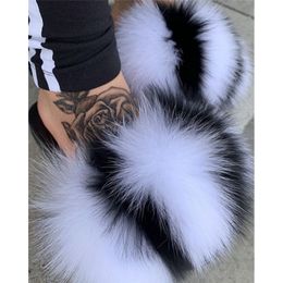 Summer Women Fox Fur Slippers ry Designer Slides Girls Black Gorgeous Big Sandal 0227