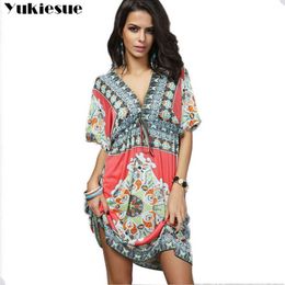 ukraine bohemian dress for women summer fashion floral printed v-neck batwing half sleeve loose club party womens dresses 210608