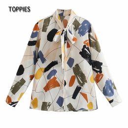 Fashion Graffiti Colorblock Printing Shirts Bow Tie Blouses Tops Woman Loose Chiffon 210421