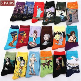 5 Pair/Men Cotton Art Van Gogh Socks With Print Funny Autumn Winter Retro Painting Socks Mural Fashion Happy Men's Sock 210720