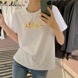 Summer European Clothes Cotton Loose T-Shirt Fruits Letter Print Women Tops Short Sleeve Bottoming Shirt Tees T13016A 210421