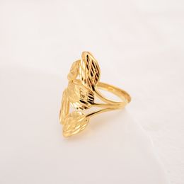 18 K Solid Fine Gold Filled Leaf Big Wide Ring Hollow Pattern Exaggeration Design Finger Advanced Sense Rings Women Girls Party