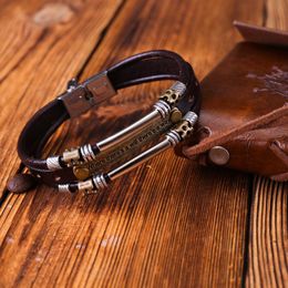 Bangle Fashion Vintage Cowhide Bracelet Multi-Layered Genuine Leather Charm Rope Chain Men Stainless Steel Buckle Bangles