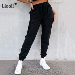 Liooil Joggers Fleece Drawstring Pencil Pants Women High Waist Baggy Sweatpants With Pocket Casual Fall Winter Streetwear Pants 211216