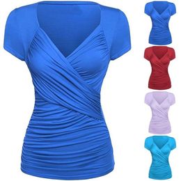 Summer Chest Cross Short-Sleeved T-Shirt Plus Size Women Casual Slim Solid Colours V Neck Pullover Pleated Tshirt Femme 210517