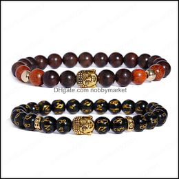 Beaded, Strands Bracelets Jewellery Charm Retro Buddha Rune Bead Bracelet Men Wood Beads Chakra Erkek Bileklik Homme Yoga Gift Drop Delivery 2